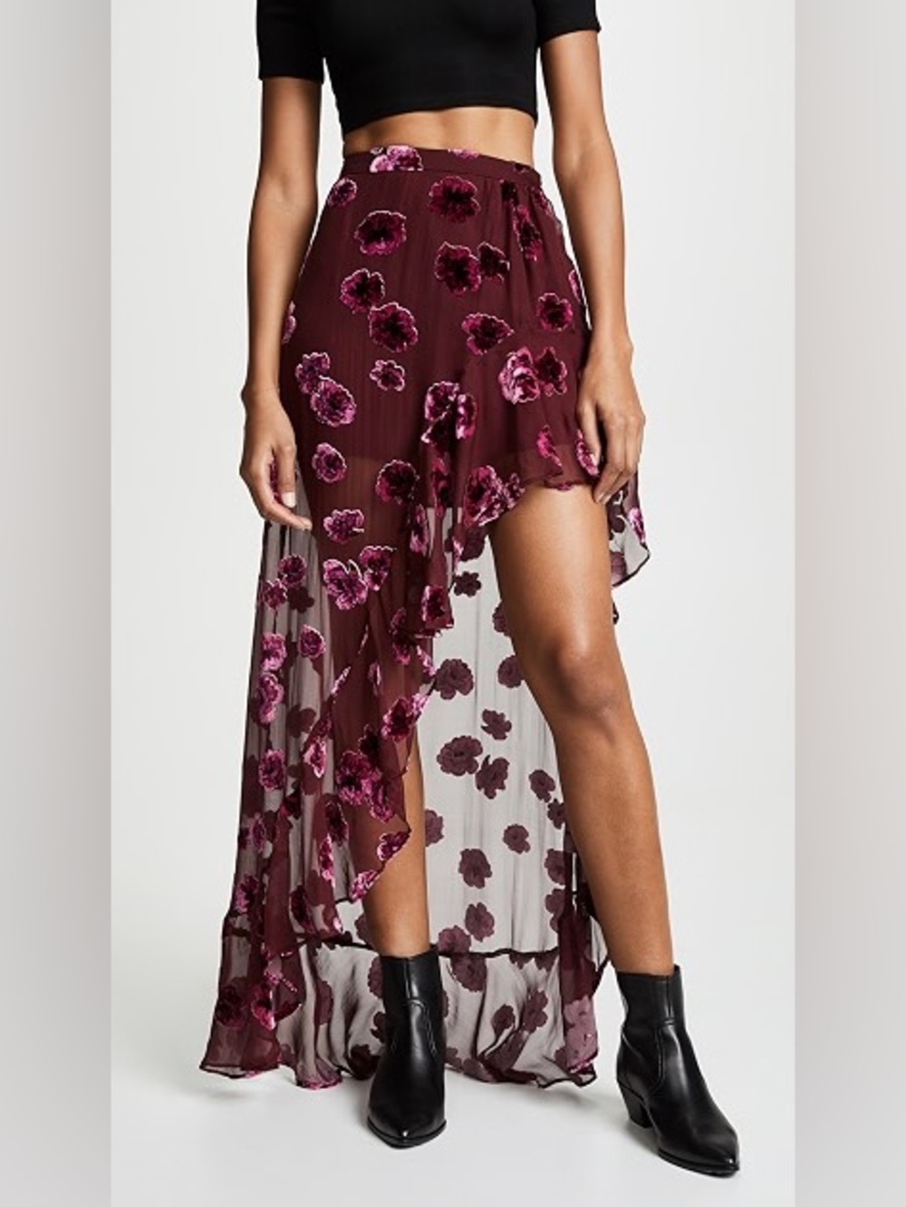 For Love & Lemons Sophie Velvet Floral Asymmetrical Maxi Skirt, Size XS